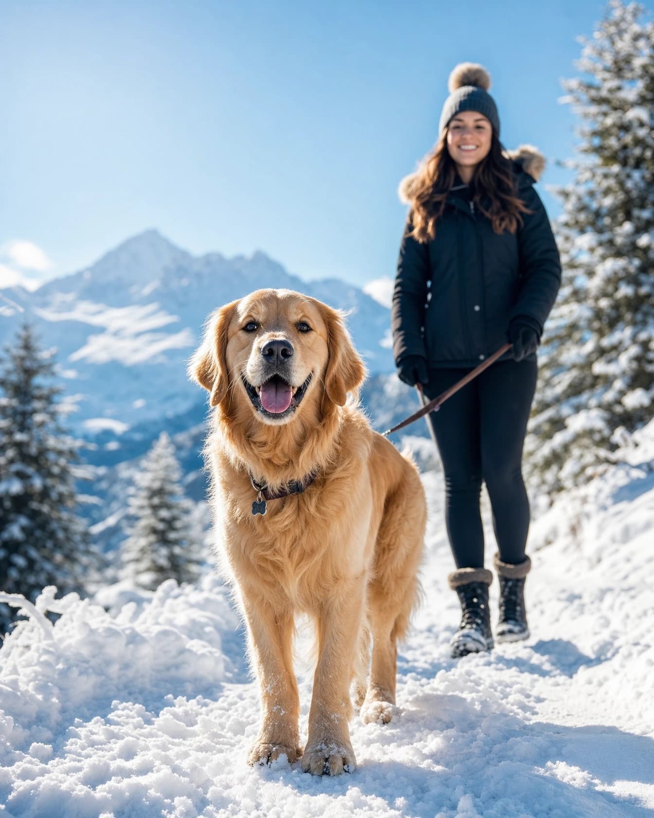A walker and golden retriever on a snowy alpine trail
