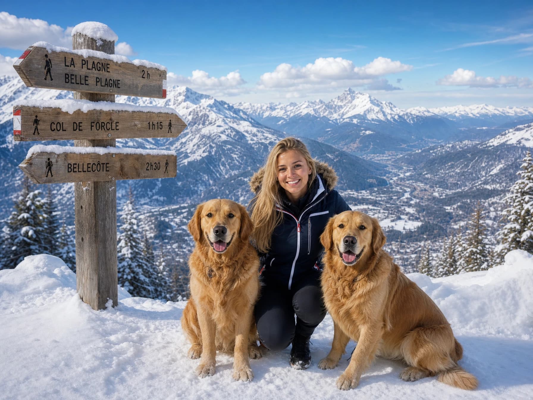 A walker with two golden retrievers at an alpine trail signpost